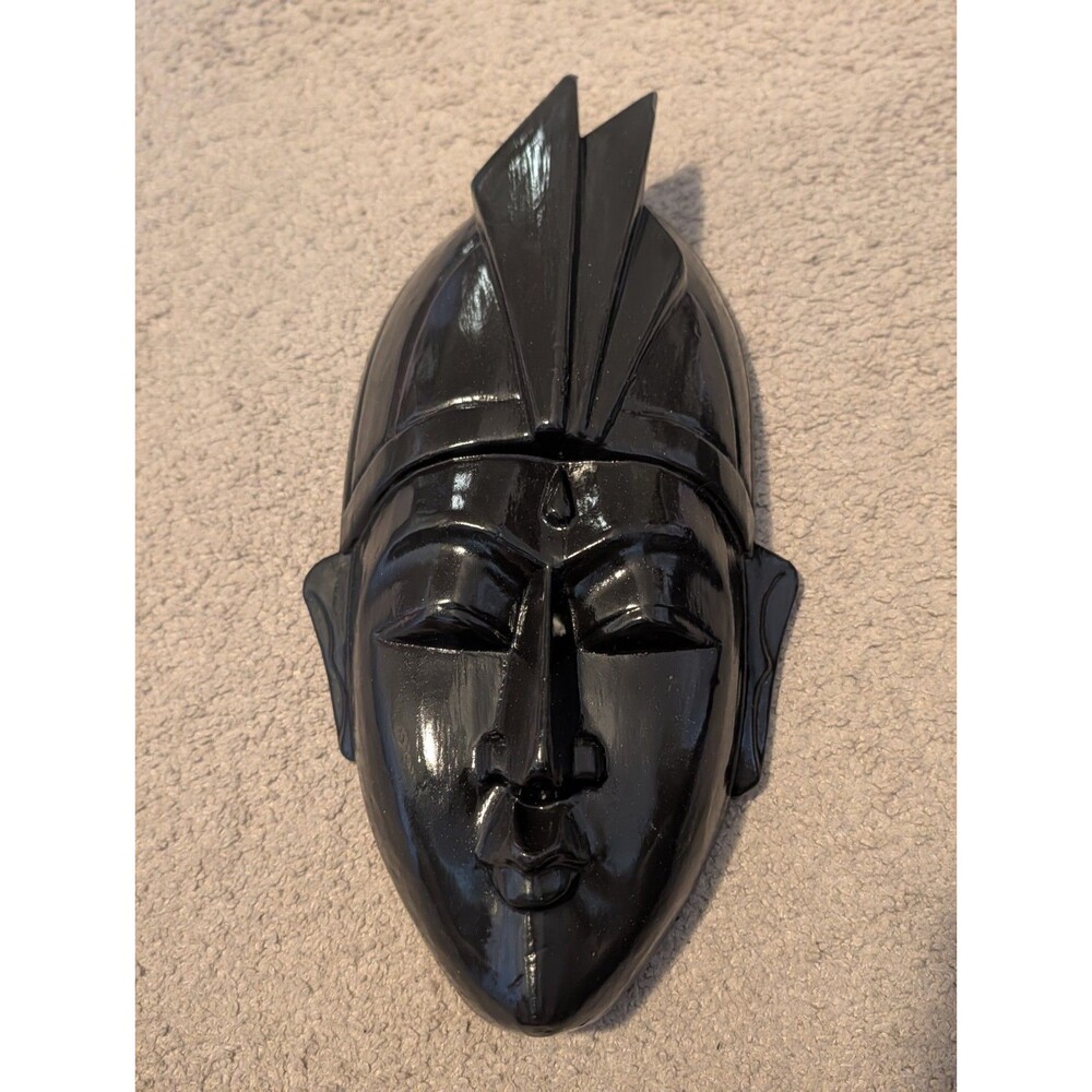 African Tribal Mask Hand Painted Carved Wooden black Wall decor art 14"H